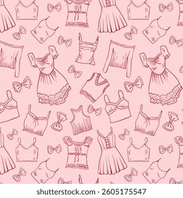 Coquette vintage seamless pattern with cute girly clothes and bows. Hand drawn background in doodle style.  Vector drawing for invitation, scrapbooking, postcard or personal secret diary.