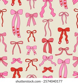 Coquette vintage seamless pattern with various whimsical bows and ribbons. Vector hand drawn background for holiday designs, wrapping paper, textile, etc.