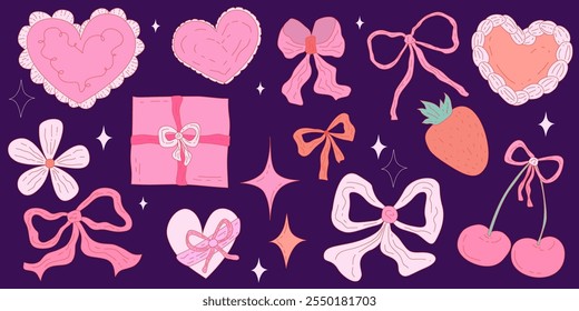 Coquette vintage conjunto con arco y corazón y2k estilo femenino. Conjunto de coqueta rosa con flor, ilustración de cinta. Ilustración vectorial romántica