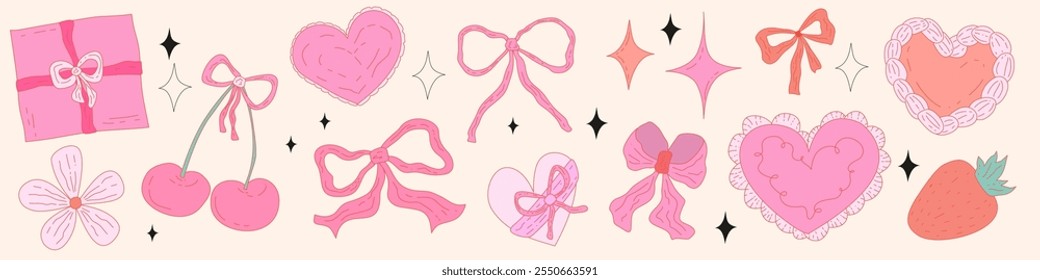 Coquette vintage conjunto con arco y corazón y2k estilo femenino. Conjunto de coqueta rosa con flor, ilustración de cinta. Ilustración vectorial romántica