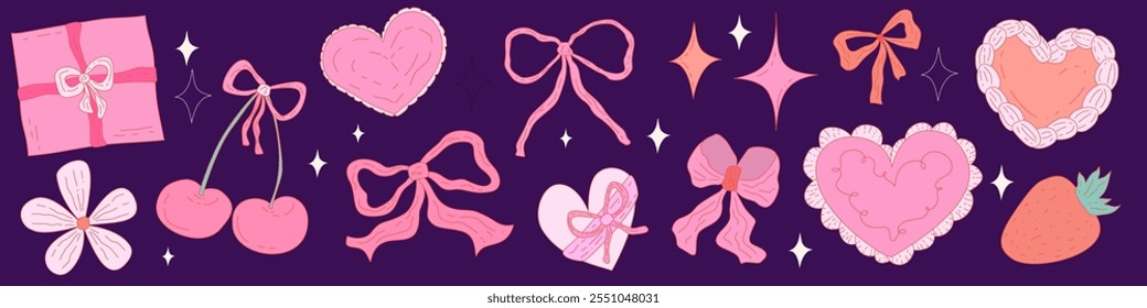 Coquette vintage conjunto con arco y corazón y2k estilo femenino. Conjunto de coqueta rosa con flor, ilustración de cinta. Ilustración vectorial romántica