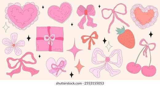 Coquette vintage conjunto con arco y corazón y2k estilo femenino. Conjunto de coqueta rosa con flor, ilustración de cinta. Ilustración vectorial romántica