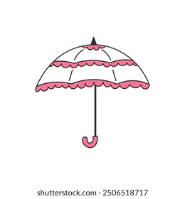 Paraguas de Antiguas Coquette. Elegante sombrilla de mujer con volante rosa. Accesorio de moda elegante femenino en estilo doodle dibujado a mano. Ilustración vectorial de esquema