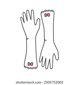 Coquette Vintage Woman Gloves. Elegant ladies dress. Hand drawn accessory for hands decorated with tied bow. Isolated outline vector illustration in doodle style