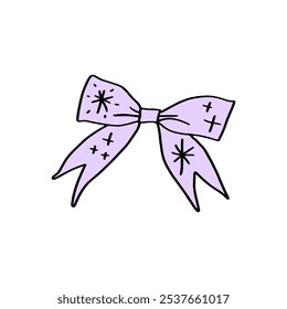 Coquette violet purple pretty charming bow frame vector Illustration, cute doodle decor, boho flat girl accessories. Isolated hand-drawn ribbon art. Trendy girly fancy concept. Holiday party