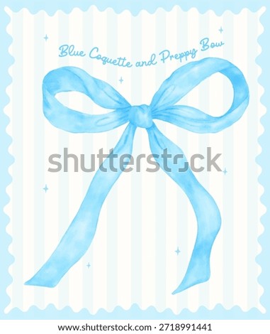 Coquette wavy ribbon bow light blue watercolor hand painting in a preppy aesthetic. This dainty ribbon illustration is perfect for wedding invitations and baby shower stationery.