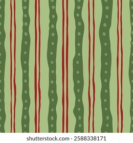 Coquette wavy vertical lines, stripes seamless pattern. Christmas red, green holiday ribbons texture