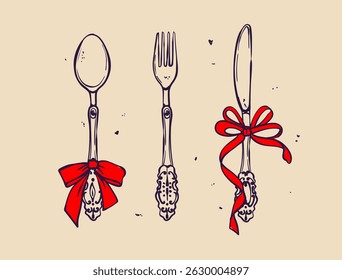 Coquette Wedding elements set decorated with coquette bows, ribbons. Fork, spoon, knife Elegant vintage cutlery with bow. Hand drawn line art vector illustrations