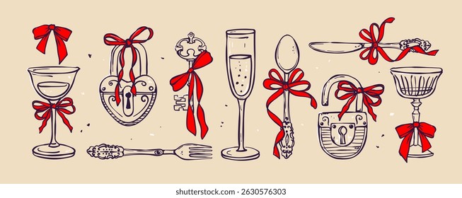 Coquette Wedding elements set decorated with coquette bows, ribbons, Elegant vintage illustrations with bow. Hand drawn line art vector illustrations