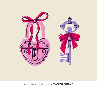 Coquette Wedding elements set decorated with coquette bows, ribbons, Elegant vintage illustrations with bow. Hand drawn line art vector illustrations