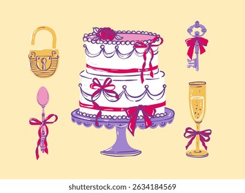Coquette Elementos casamento conjunto decorado com arcos de coquette, fitas, ilustrações vintage elegante com arco. Ilustrações vetoriais de arte desenhadas à mão