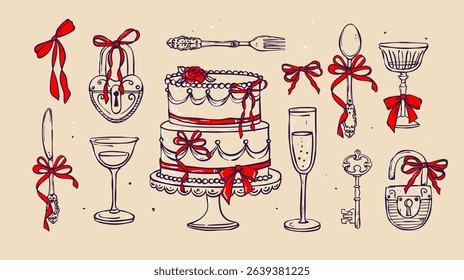 Coquette Wedding elements set decorated with coquette bows, ribbons, Elegant vintage illustrations with bow. Hand drawn line art vector illustrations