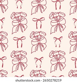 Coquette wedding party crayon seamless pattern. Brides bouquet of flowers and bows endless background. Girly festive cover. Wedding continuous ornament. Vector hand drawn illustration.