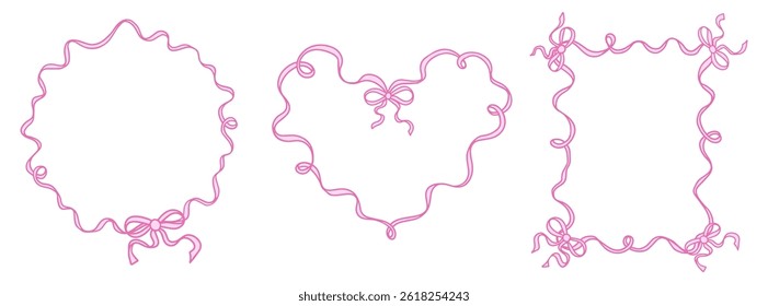 Coquette Whimsical frames with Ribbon bows in trendy, vintage style. Delicate vintage borders for holiday, wedding, birthday gift decorations. Hand-drawn Vector illustration.
