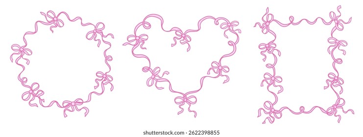 Coquette Quadros Whimsical com arcos de fita em estilo moderno, vintage. Delicado vintage bordas para férias, casamento, aniversário presente decorações. Ilustração de vetor desenhada à mão.