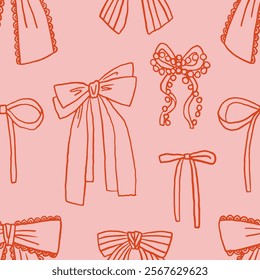 Coquette whimsical hand drawn pink color bows seamless patterns and wavy squiggle curly ribbons in trendy, elegant vintage styles. Perfect for quirky holiday, wedding, birthday decorations.