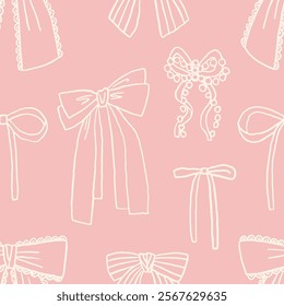 Coquette whimsical hand drawn pink color bows seamless patterns and wavy squiggle curly ribbons in trendy, elegant vintage styles. Perfect for quirky holiday, wedding, birthday decorations.