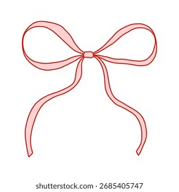 Coquette whimsical pink bow with flowing curly ribbon and red outline. Feminine romantic design for Valentines Day, Christmas, cards, packaging, scrapbooking, invitations, and branding.