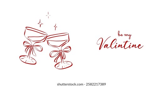 Coquette wine glass with bottle of hand drawn line art style. Simple crayon and sketch symbols for Valentine day and invitations templates. Doodle vector illustration