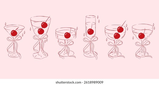 Copo de vinho de coquette com fita e cereja de estilo de arte de linha desenhada à mão. Símbolos simples de giz de cera e esboço para o dia dos namorados e modelos de convites. Ilustração de vetor de rabiscar
