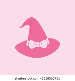 Coquette witch hat. Pink hat with a bow for Halloween. Hand drawn vector illustration