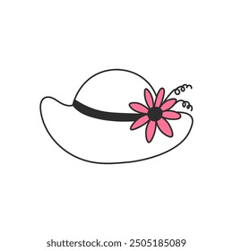 Coquette Women Hat with Flower Doodle. Hand drawn female headwear accessory decorated with ribbon blossom and curls. Outline isolated vector illustration.