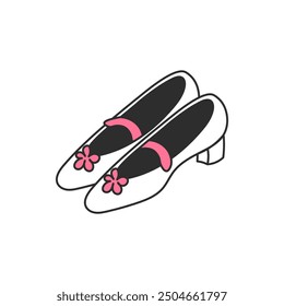 Coquette Women Shoes with Flowers Doodle. Cute Girl footwear with strap. Glamour female fashion design element. Outline isolated vector illustration.