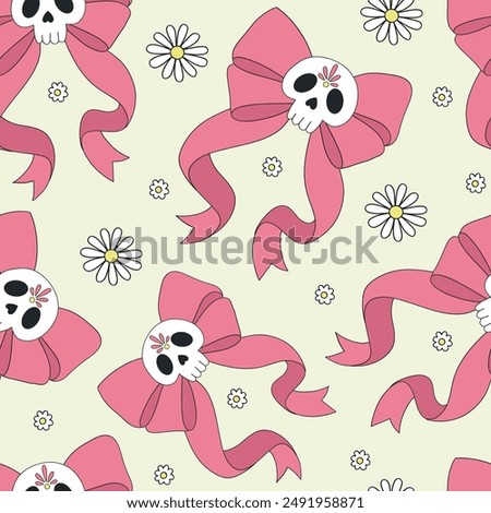 Coquettish bow with sugar scull vector seamless pattern. Day of the dead background