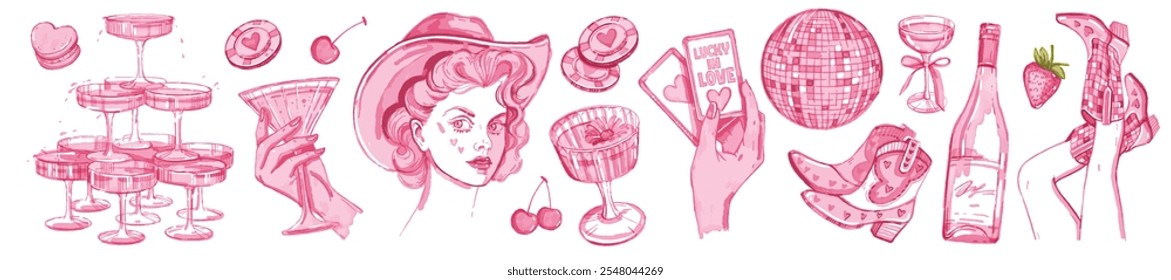 Coquettish cowgirl bachelorette party set, vector hand drawn western Vegas disco celebration icons. Female cowboy portrait, Texas boots, champagne tower, casino chips, bottle, legs. Pink cowgirl party