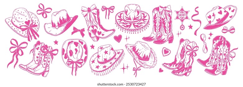 Conjunto de sombrero de vaquera coqueta, botas de vaquero femeninas de color rosa Vector lazo de cinta de ropa tradicional del oeste salvaje. Traje de fiesta dibujado a mano Groovy Texas American Shoes Doodle Fashion. Sombrero de vaquera estampado de despedida de soltera