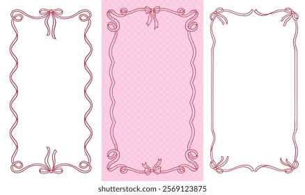 Coquettish elegant decorative vertical frames set featuring a ribbon bow design with flowing hand drawn contours. Vector16x9 borders for invitations, cards, and artistic projects