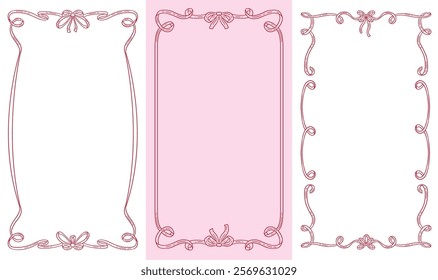 Coquettish elegant decorative vertical frames set featuring a ribbon bow design with flowing hand drawn contours. Vector 16x9 borders for invitations, cards, and artistic projects