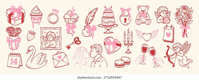 Coquettish elements for Valentine's Day, wedding invitations, cards. Hand drawn cute girly bows,hearts, ribbons, champagne, strawberry. Vintage vector illustration.