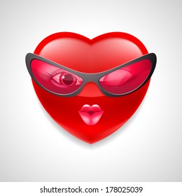 Coquettish female heart character in glasses on light grey background