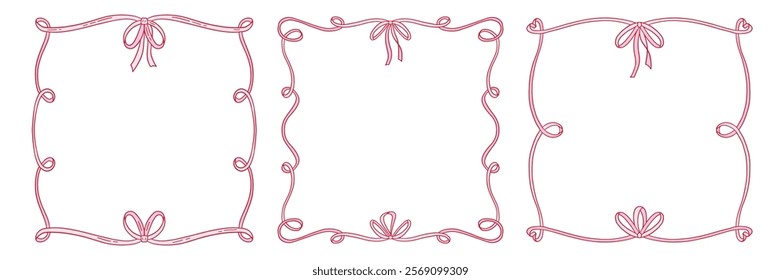 Coquettish girly decorative frames set featuring a ribbon bow design with flowing hand drawn contours. Vector flat illustration for invitations, cards, and artistic projects