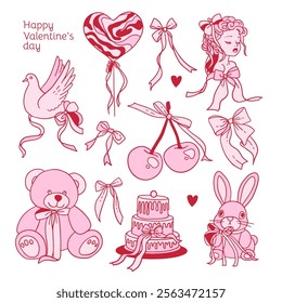 Coquettish girly doodle hand drawn romantic elements set with bows and ribbons knot. Feminine holiday accessories, vintage cute Valentine toys and gifts. Celebration vector illustration.