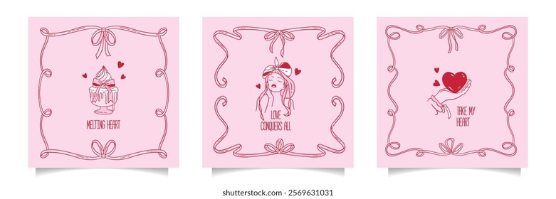 Coquettish lovely greeting cards set. Happy Valentines Day covers with coquette girly doodle elements with bows and ribbons knot. Invitation abstract design in hand drawn contour style. Vector