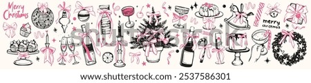 Coquettish merry Christmas set, vector hand drawn New Year doodle illustration, pink ribbon bow. Winter holiday celebration dinner champagne bottle, elegant decoration cocktail glass. Christmas doodle