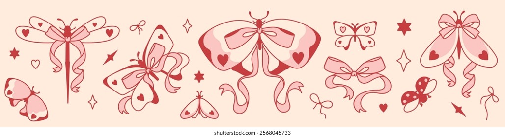 Coquettish set of butterflies, moths, and bows in soft pink hues. Romantic feminine collection. Wide border with insects, aesthetic girly bows and elegant charming ribbons