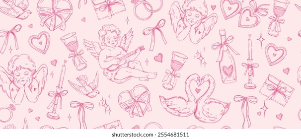 Coquettish Valentine Day seamless pattern, vector hand drawn pink wedding texture, heart, wineglass. Cute cherub romantic love endless print, cupid bohemian aesthetic wrapping paper. Valentine pattern