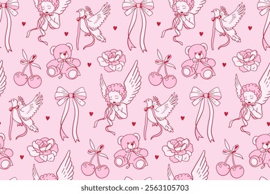 Coquettish Valentine seamless pattern with hand drawn Cherries , teddy, dove and cupid with pink bows, hearts and flowers. Vintage vector design for wrapping paper and fabric