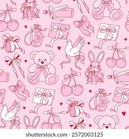 Coquettish Valentine seamless pattern with hand drawn Cherries , teddy, dove and gift with pink bows, hearts. Vintage vector design for wrapping paper and fabric