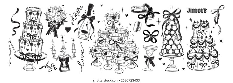 Coquettish Hochzeitstorte, Vektor romantischen Urlaub Dessert Champagner Glas Turm whimsical Retro-Dekor. Vintage Kronleuchter, süße Makronen, Einladung Print Design Schleife. Hochzeitstorte Menü Clipart