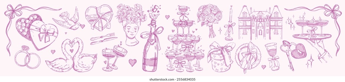 Coquettish wedding doodle set, vector watercolor hand drawn romantic love illustration, champagne. Anniversary elegant ribbon bow, Valentine sweets, flowers, glasses, rings. Wedding invitation doodle