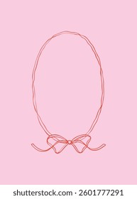 Coquettish whimsical wavy ribbon frame with cute bow. Hand drawn doodle oval girly  vertical vintage border. Valentines day, Christmas, birthday aesthetic design element