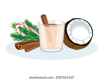 Coquito coconut christmas drink vector illustration. Coquito in a glass and cinnamon stick icon vector isolated on a white background. Puerto Rican eggnog with cinnamon, coconut and candy cane drawing