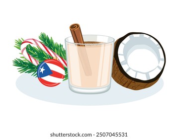 Coquito coconut christmas drink vector illustration. Coquito in a glass and cinnamon stick icon vector isolated on a white background. Puerto Rican eggnog with cinnamon, coconut and candy cane drawing