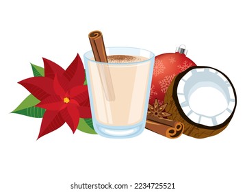 Coquito Kokosnuss Agag trinken Symbol Vektorgrafik. Puerto-Rico-Ei mit Zimt- und Kokossymbol-Set, Vektorgrafik einzeln auf weißem Hintergrund. Weihnachtsgetränk und Dekorationen noch lebendige Zeichnung