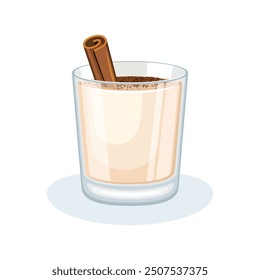 Coquito eggnog coconut christmas drink vector illustration. Coquito in a glass and cinnamon stick icon vector isolated on a white background. Puerto Rican eggnog with cinnamon drawing