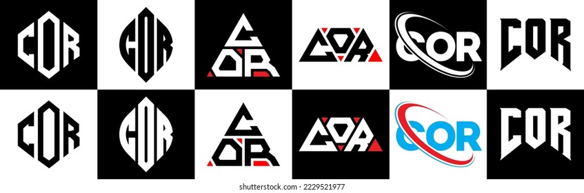 COR letter logo design in six style. COR polygon, circle, triangle, hexagon, flat and simple style with black and white color variation letter logo set in one artboard. COR minimalist and classic logo